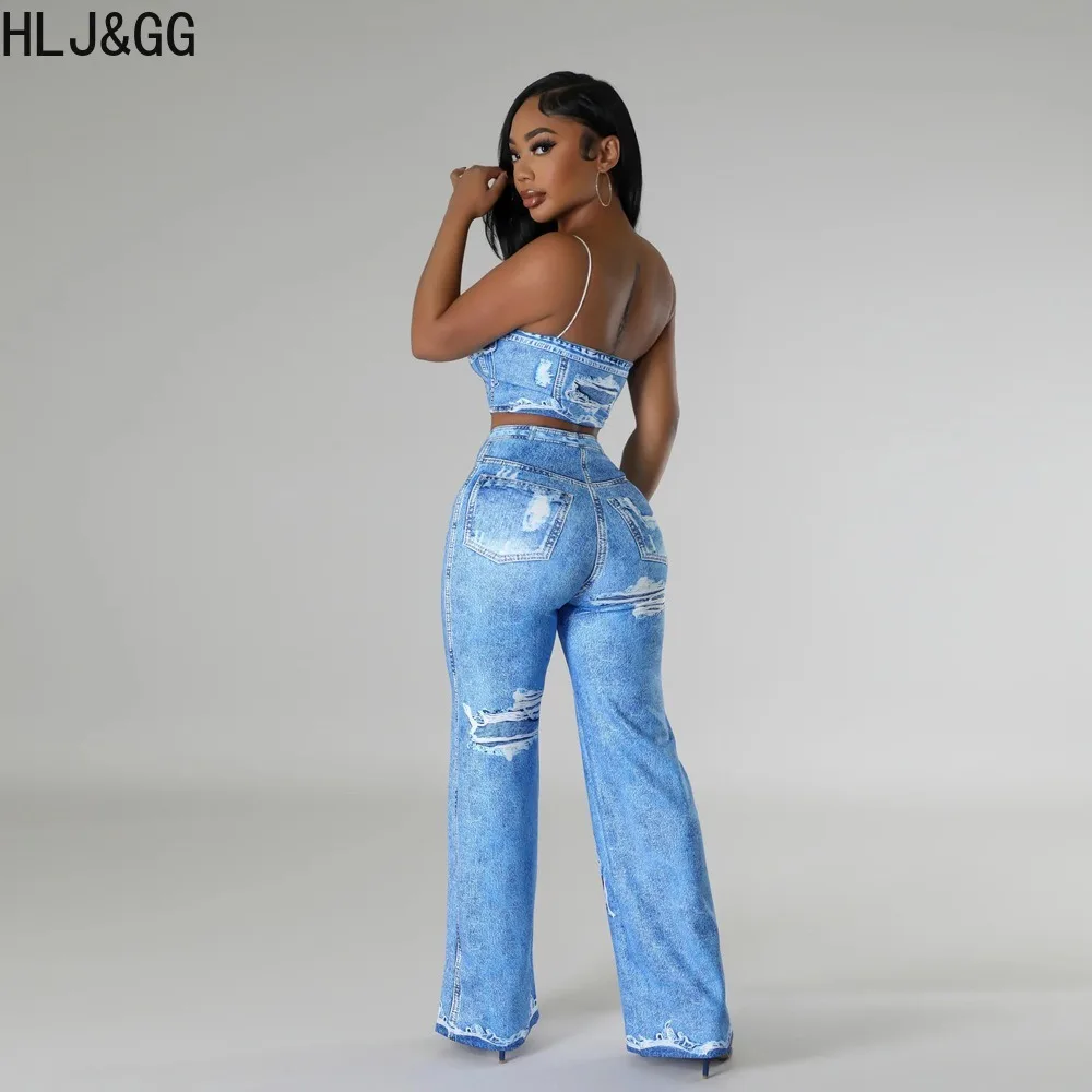 HLJ&GG Fashion Print Straight Pants Two Piece Sets Women Thin Strap Sleeveless Crop Vest+Pants Outfits Sexy Female 2pcs Clothing