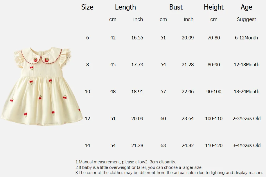 Sommerliches Baumwollkleid für Babymädchen mit Kirschen, Koreanischer Stil, Niedliches Beige Kleid mit Puppenkragen und Erdbeermotiv für Kleinkinder – Detail 1