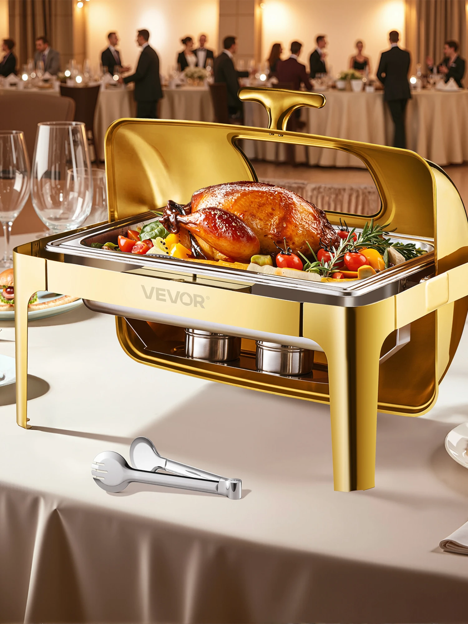 SucceBuy 9Qt Roll Top Chafing Dish Buffet RVS Chafer met Full Size Pan Zichtbaar Deksel Rechthoek Catering Warmer Server - afbeelding 2