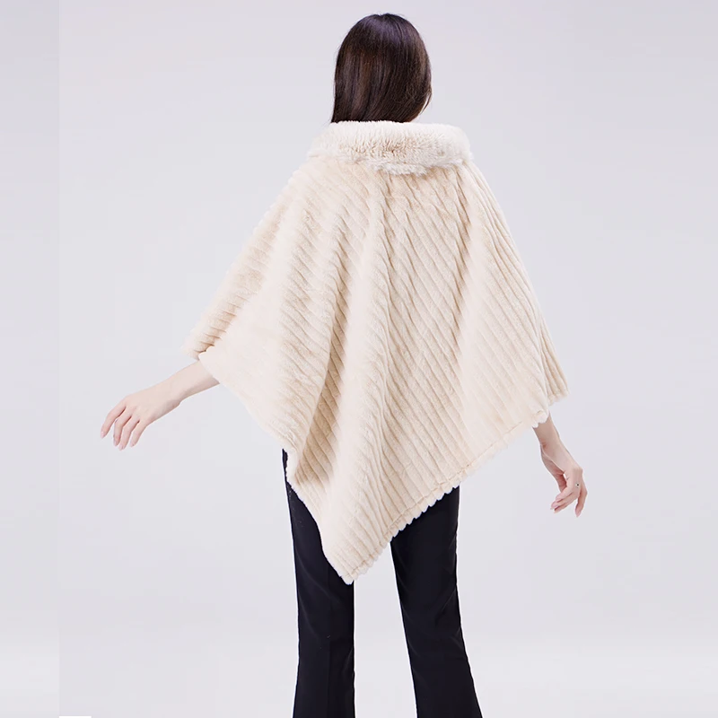 One piece hand-stitched pure color chenille fur collar knitted cloak for women autumn and winter large size pullover shawl