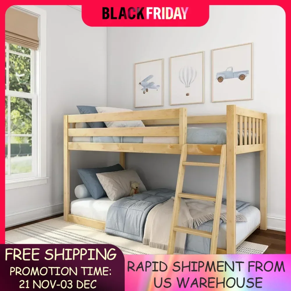 Fundamental Twin Low Bunk Bed,Kids Solid Wood Modern Bed Frame with Strong Wooden Slats, Non-toxic Finishes