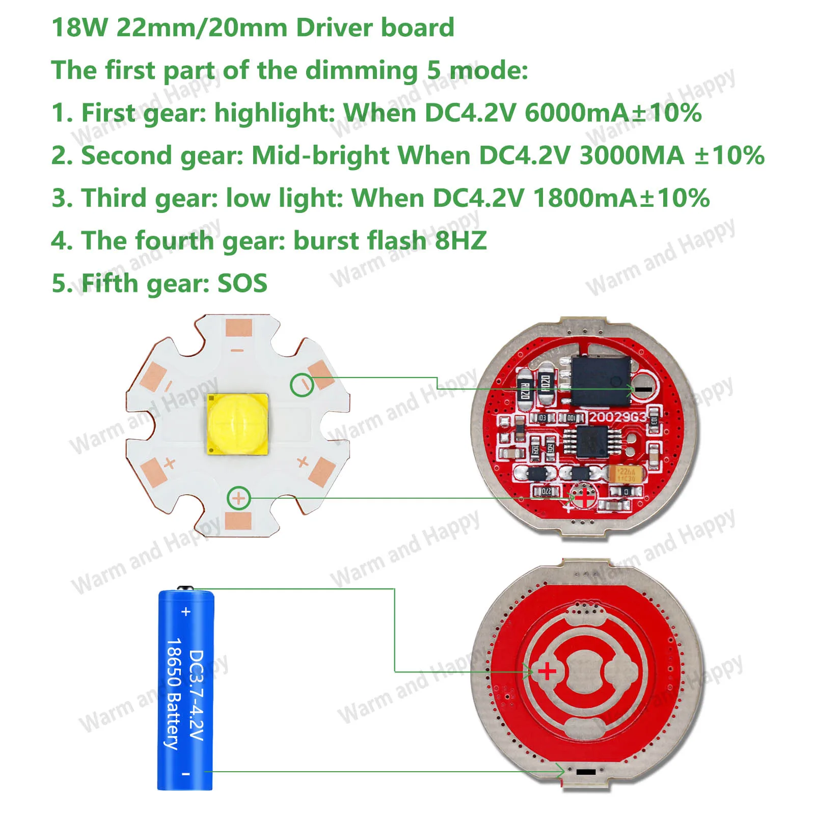 20MM 22MM LED Constant Current Driver Accessories 18W DC3.7-4.2V Suitable for 5 Dimming Modes of Headlights and Flashlights