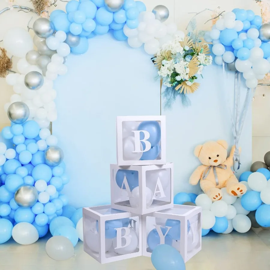 Cajas de bebé con 42 Uds. De letras para Baby Shower, cajas de globos transparentes, bloques de cajas de globos transparentes para niño y niña, fiesta de revelación de género