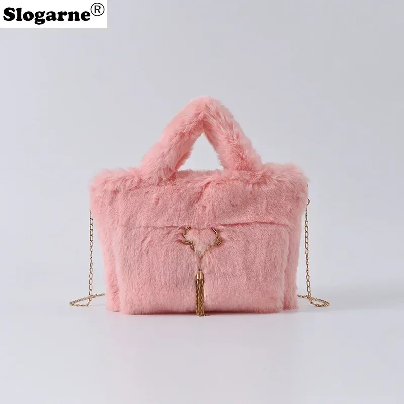 New Women\'s Faux Rabbit Fur Handbag Plush Shoulder Bag Girls Casual Crossbody Bag Fashion Large Capacity Bag Furry Handle Bags