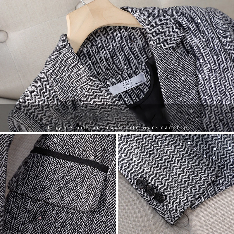 Women's Brown Sequin Blazers Spring Autumn Fashion Suit Coat New High End Design Casual Slim Jacket Office Lady Gray Outrwear