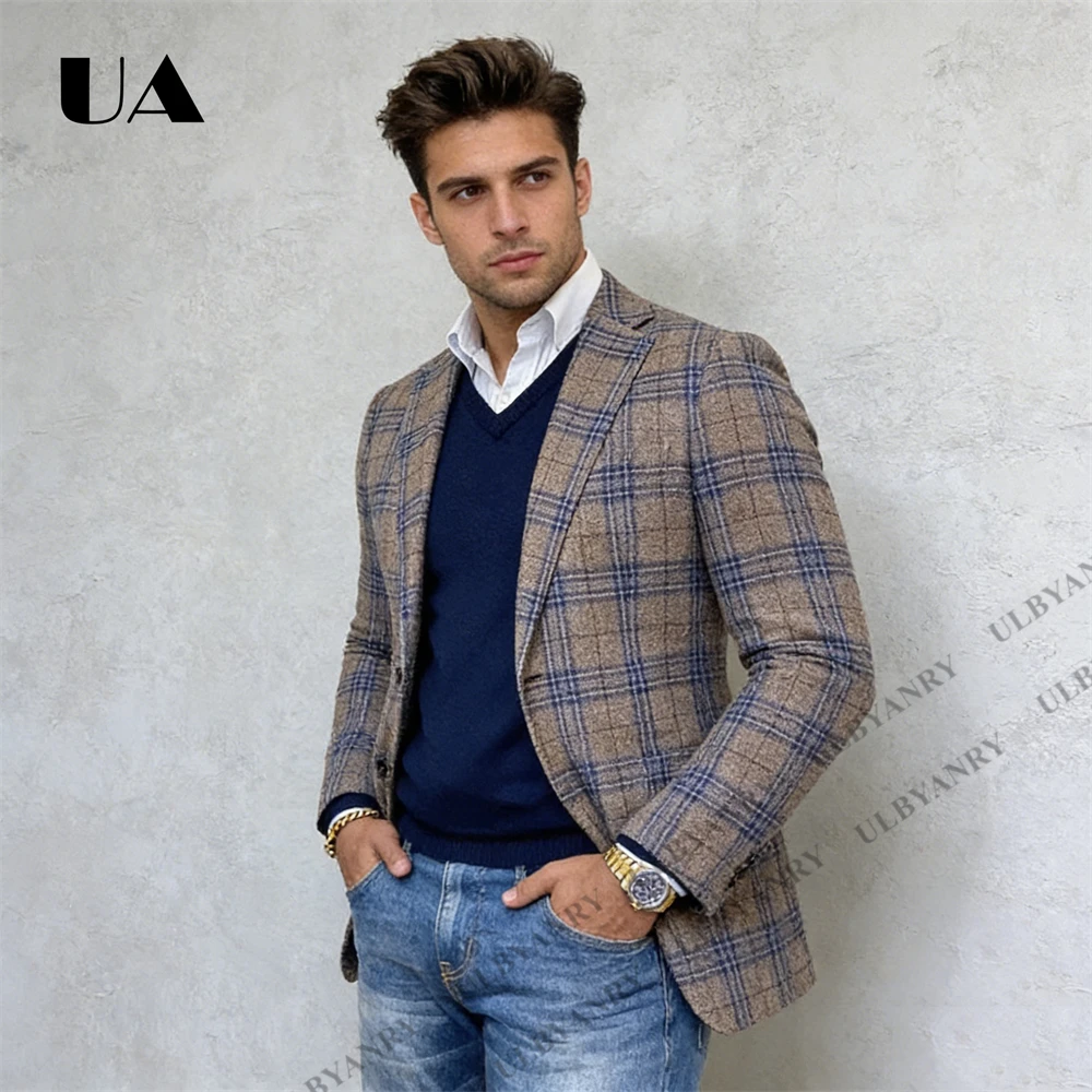 Mens Casual Plaid Suit Jacket Single Breasted Peaked Laple Regular Fitting Business Blazer Vintage Suit Jacket