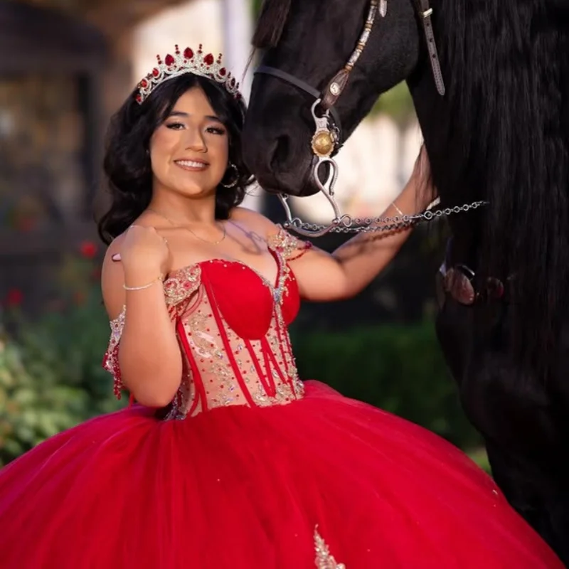 

Shiny Red Quinceanera Dress off-shoulder glitter decal Lace Long tail Bow vestidos de 15 Quinceanera ﻿Customize