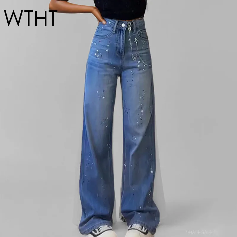 

WTHT Trendy New Women's Colorful Diamonds Straight Jeans 2025 Summer Fashion High Waist Wide Leg Denim Pants Female 1LS2028