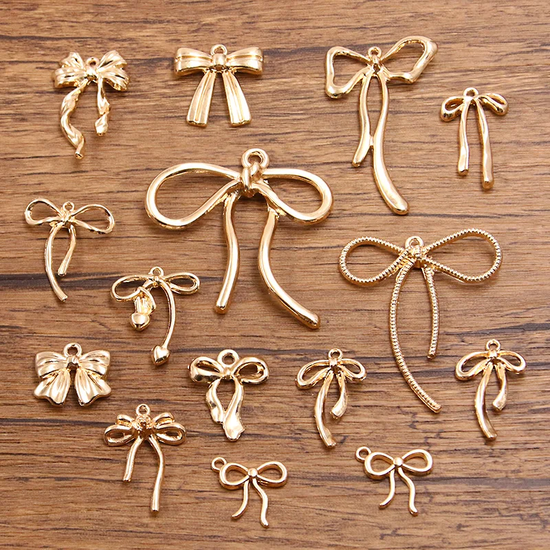 10Pcs 13Style KC Gold Color Retention Metal Alloy Hollow Bow Charms Holiday Gifts Pendants For Jewelry Making DIY Handmade Craft