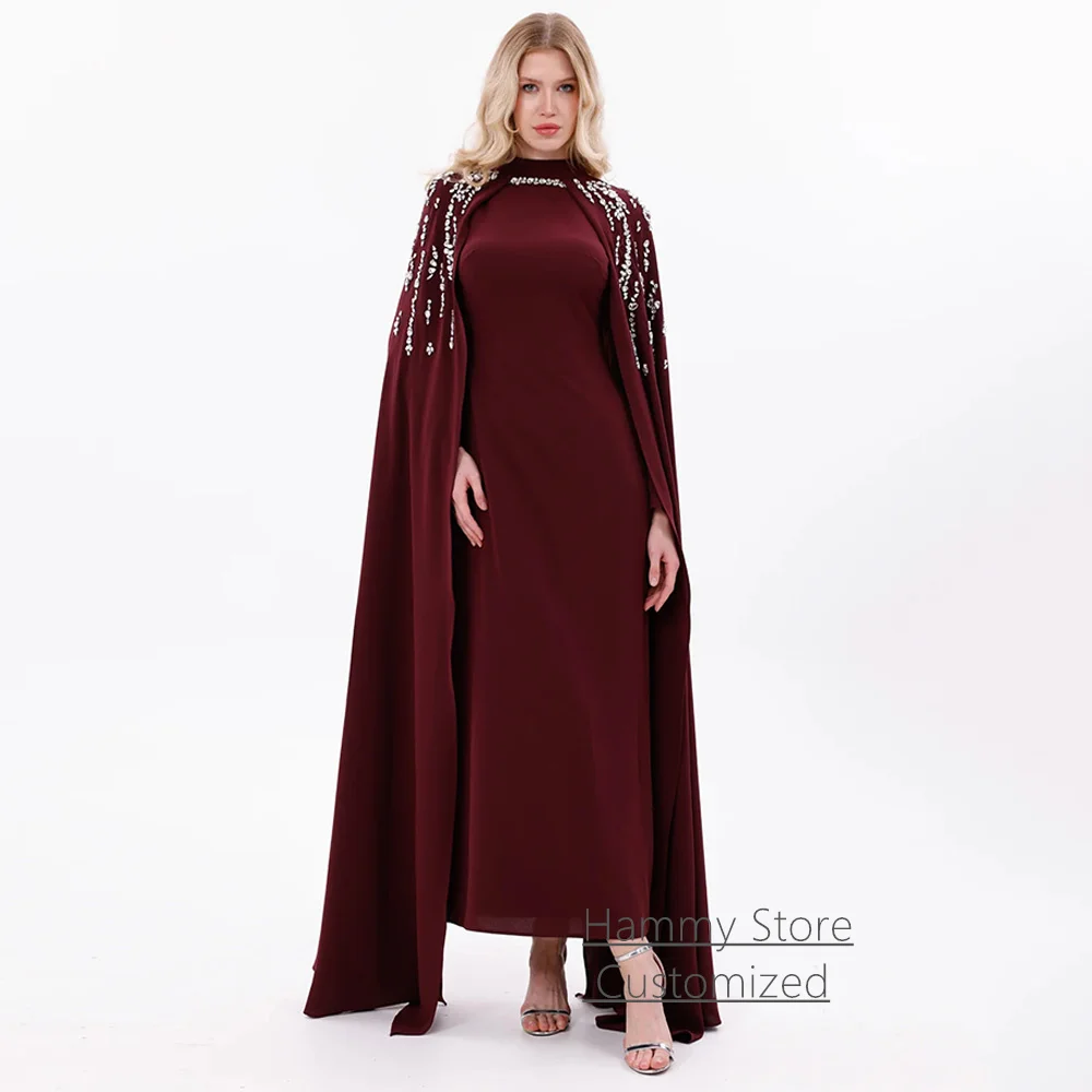 

Скромное вечернее платье с накидкой, индивидуальный пошив, высокий воротник, длинные рукава, украшенное кристаллами, длина до щиколотки, арабское выпускное платье для женщин