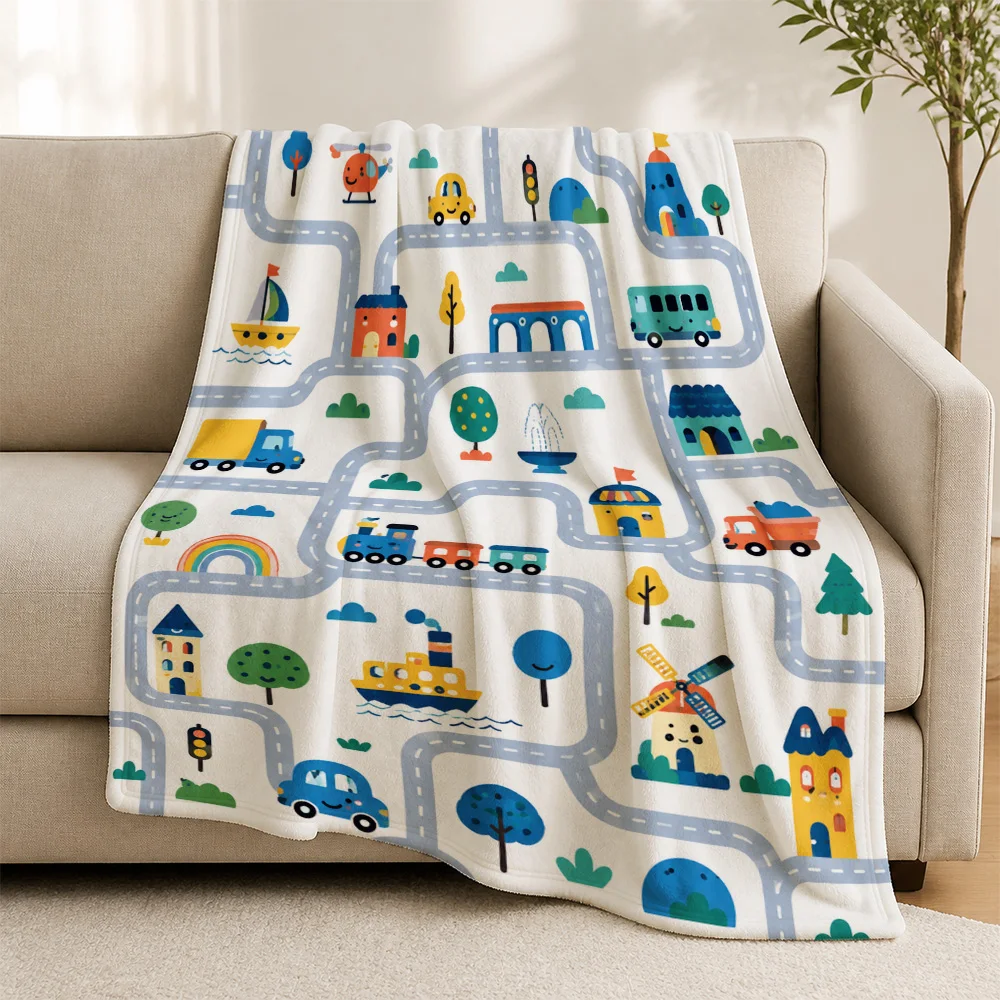 Kids Cartoon Road Theme Throw Blanket Sofa Cover Nursery Decor Gift for Baby Boys Girls Vehicle Transportation Playtime Bed Acce