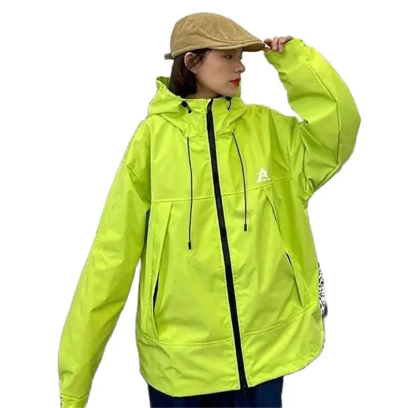 Spring Autumn Hooded Jackets Women 2024New Fashion Loose Leisure Pure Colour Fluorescent Green Pocket Drawstring Overcoat Female