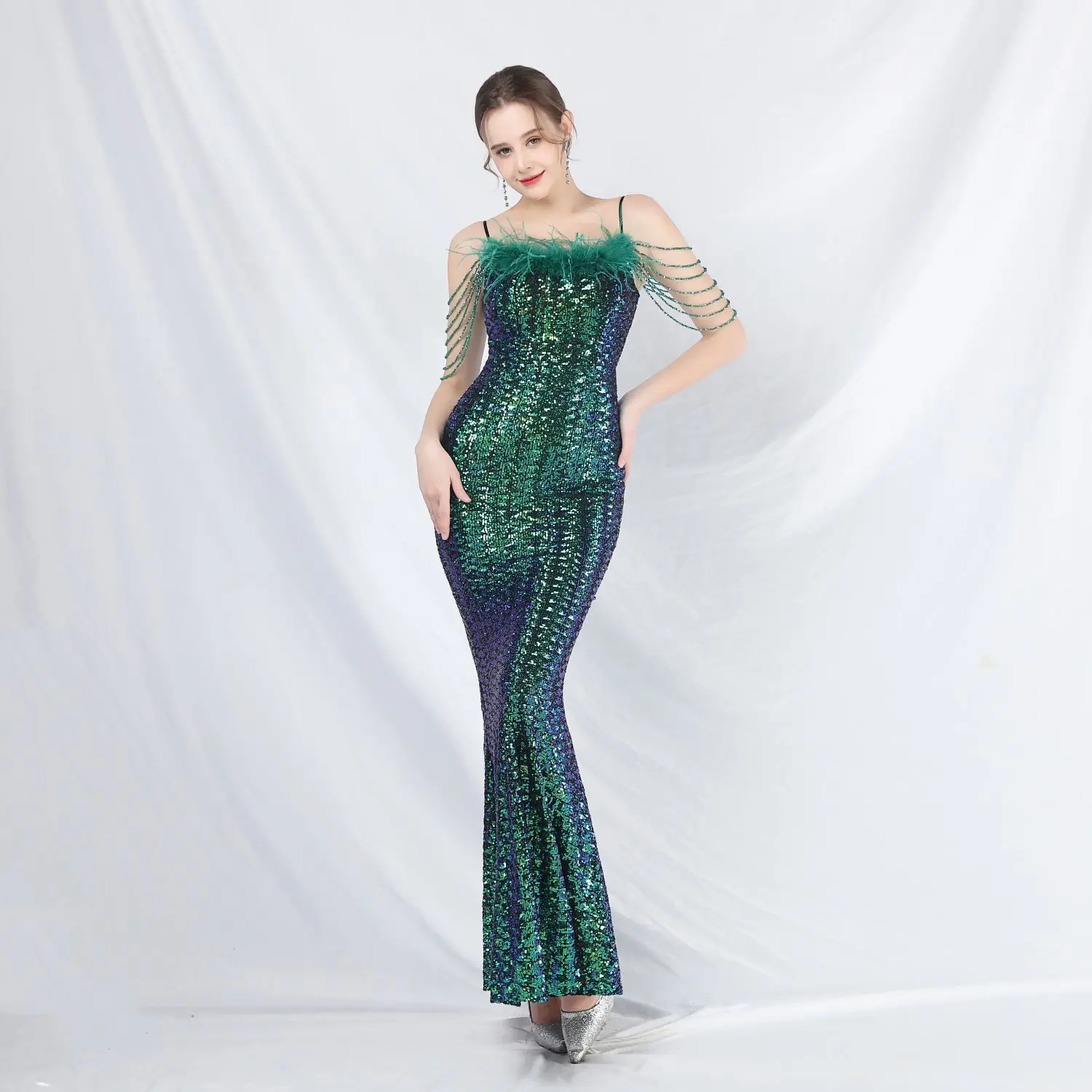 Sladuo Sexy Night Club Spaghetti Strap Feather With Sequins Maxi Dress Vestidos Party Celebrity Evening Women's Bodycon Dresses