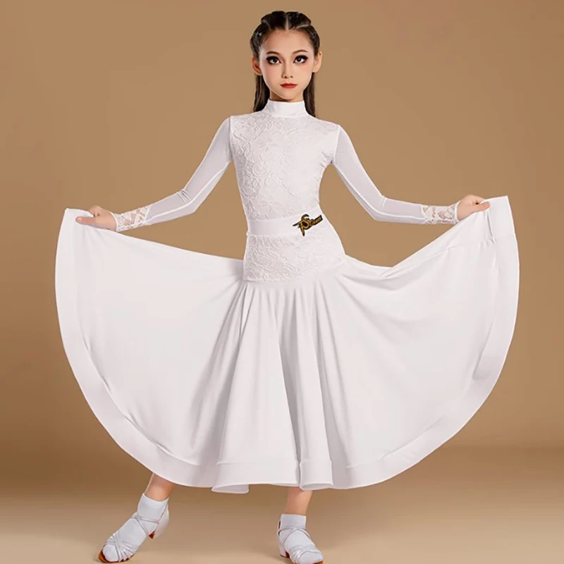 Body de malla de manga larga para niñas y faldas de espina de pescado, vestido de práctica de competición latino moderno profesional de tres piezas