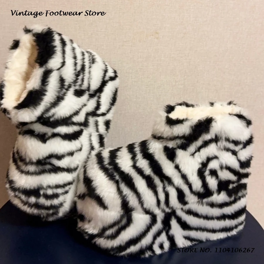 Winter Warm Furry Snow Boots Zebra Print Round Toe Height Increasing Ankle Boots Women's Street Style Casual Platform Shoes - view 4