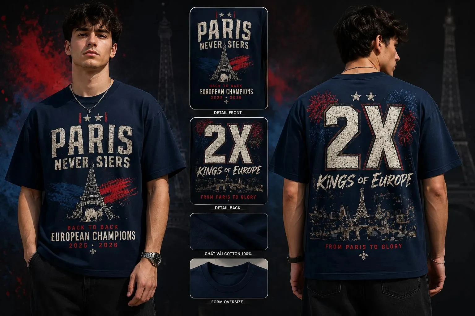 Camiseta PSG 2026 Campeões Consecutivos para Homens e Mulheres, Moda de Verão em Algodão, Gola Redonda, Manga Curta, Streetwear