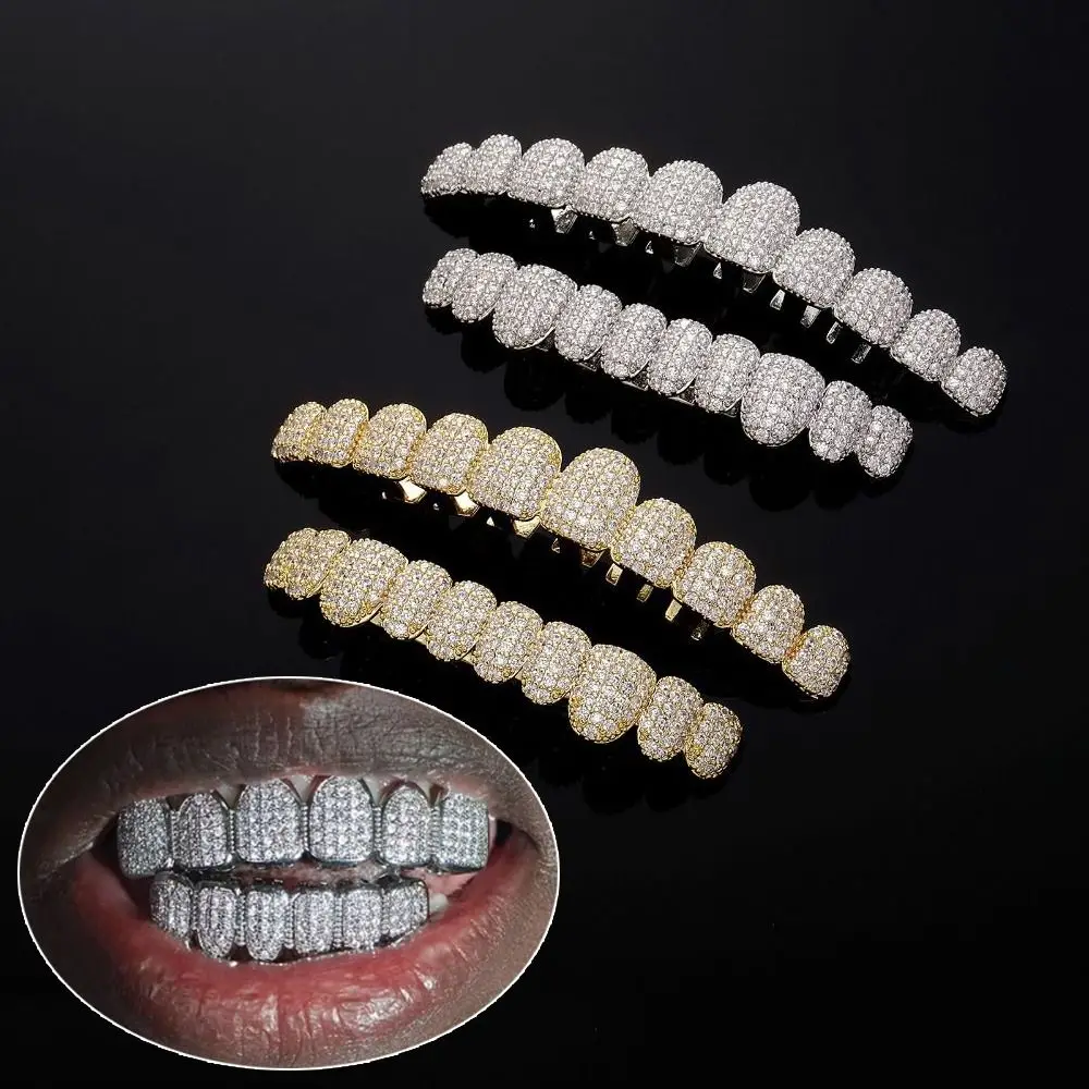 Hip Hop Teeth Grillz Set Removable Design Rhinestone Hiphop Teeth Grillz Zircon Top & Bottom Set Dental Grills Tooth Caps