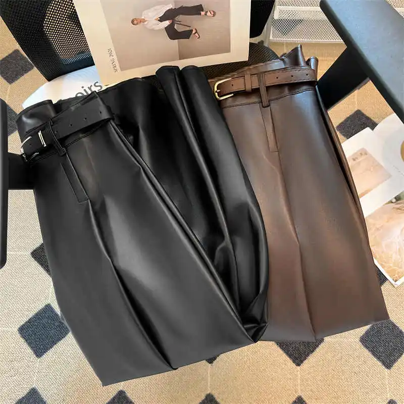 Temperament Leather Skirts For Women Autumn Winter High Waist Slimming A-Line Skirt With Belt Chic Solid Mid Length Clothing