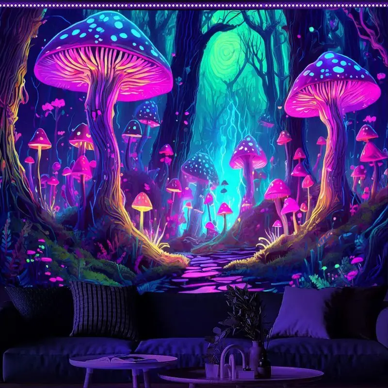 VIKAMA Blacklight Mushroom Forest Tapestry Glowing Neon Trippy Trees Wall Hanging UV Reactive Psychedelic Dorm Room Decor