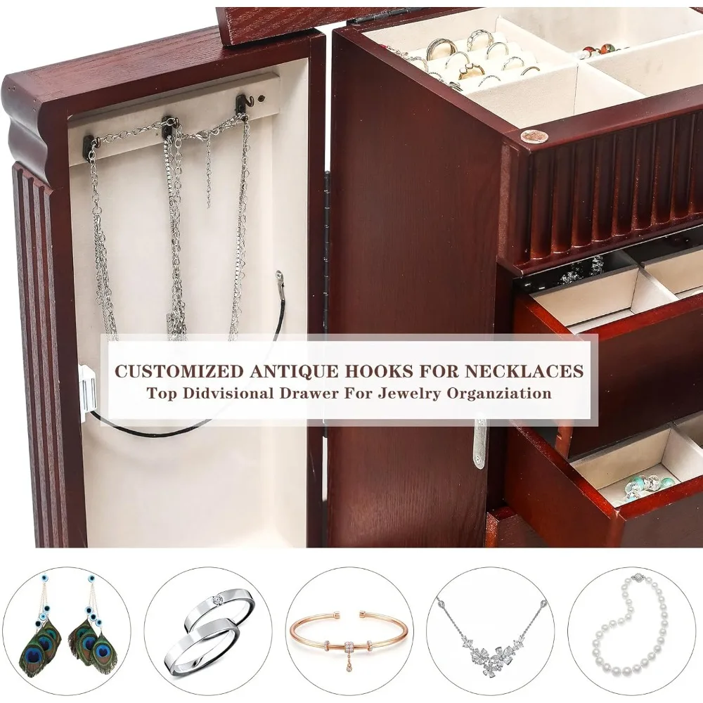 Standing Jewelry Cabinet Armoire with Top Flip Mirror, 7 Drawers & 12 Necklace Hooks, Jewelry Box Storage Organizer with