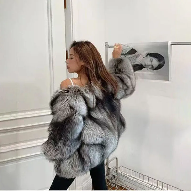 Formal Fur Jacket Women Short Overcoat Autumn Winter Loose Thick Warm Parker Coats Silver Fox Fur Luxury High-End Mao Mao Coat