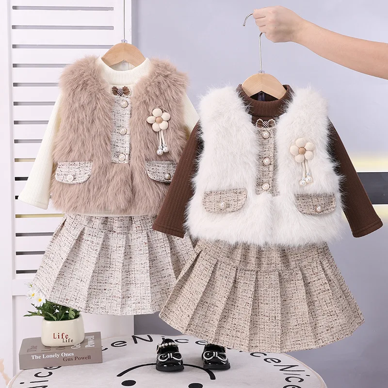 2026 Autumn Winter New Girls Baby Hairy Vest Coat Small Flower Set Girls Faux Fur Double Pocket Three Piece Set