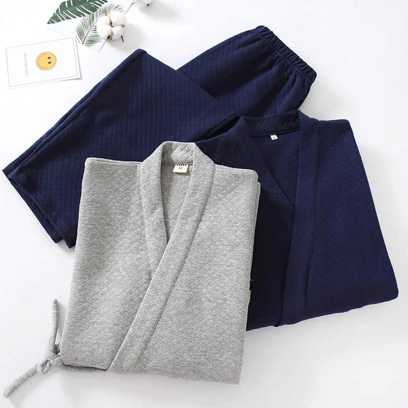 Japanese Traditional Bathrobe Pajamas Sets Kimono Sleepwear for Man Solid Color V-neck Leisure Yukata Nightgown Homewear