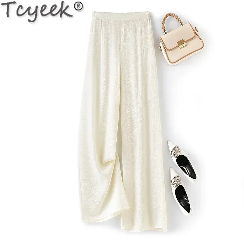 Tcyeek 93% Mulberry Silk Pants Womans Clothing Casual Pants for Women Straight Pants Women Summer Long Trousers Pantalones Mujer