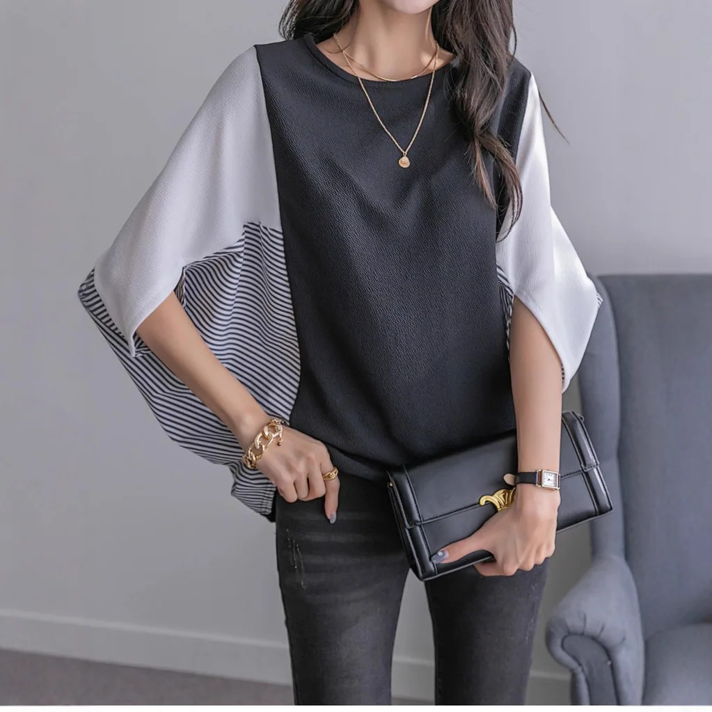 

New Women's Fashion Spliced Stylish Age-reducing Chiffon Blouse Top With A High-end Feel And Loose Batwing Sleeves T-shirt