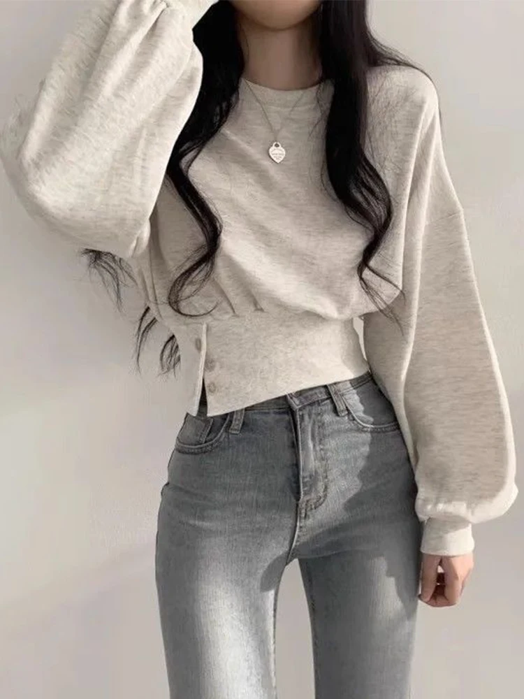 Autumn Winter Korean Style Short Button Sweatshirt Women Slim Waist Solid Simple Pullover Top Casual Daily Commute Outwear New