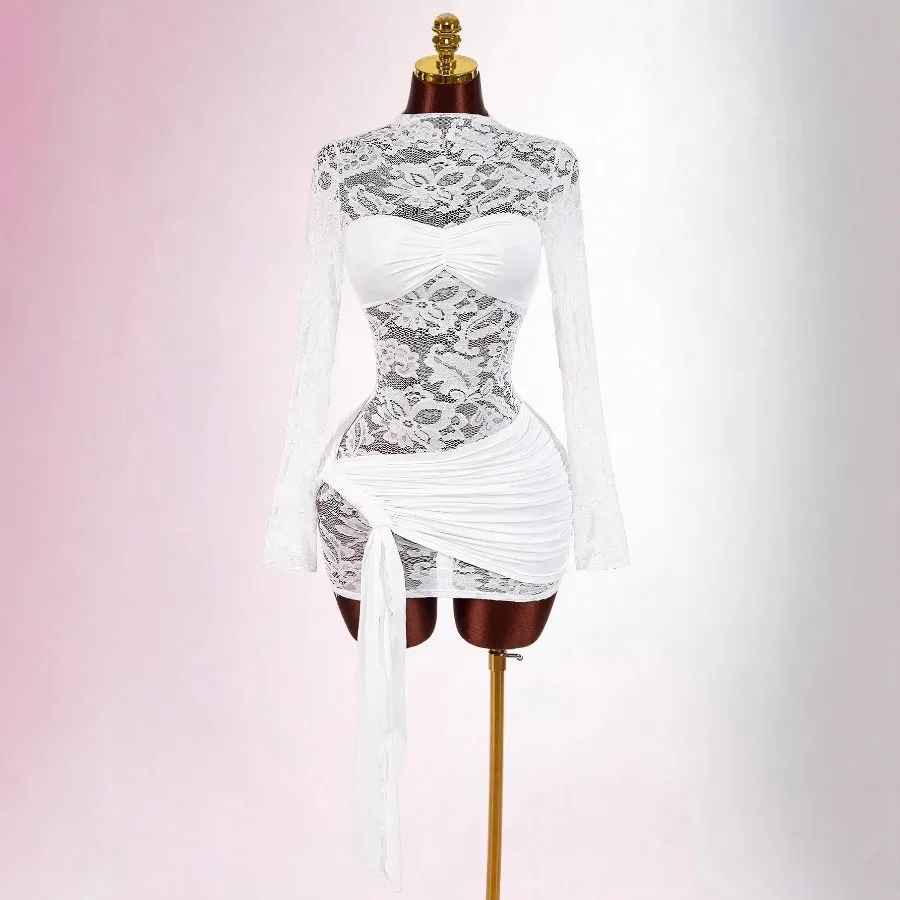

【New style】 sexy lace splicing mesh fabric round neck long-sleeved slim pleated strap dress