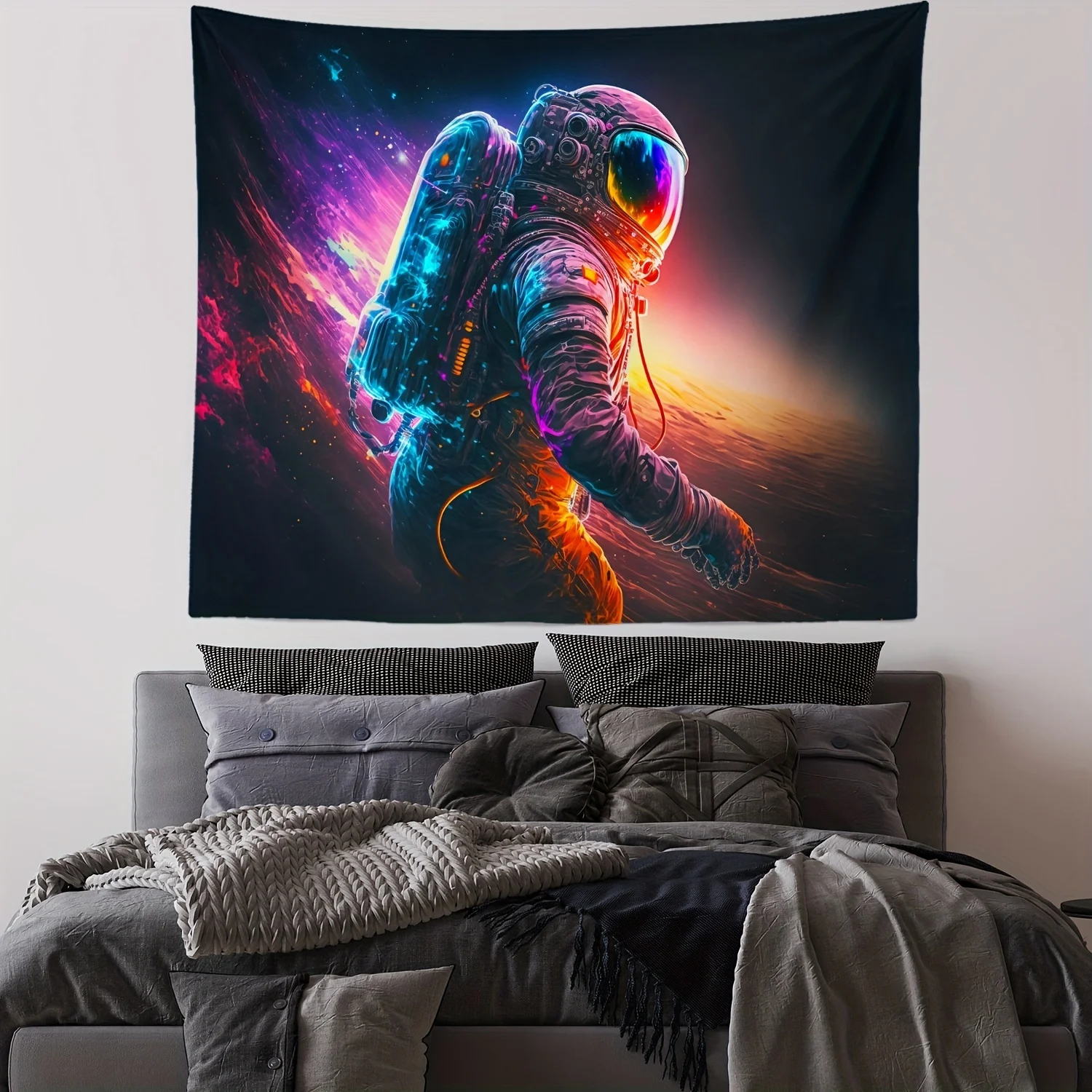 VIKAMA Cyberpunk Neon Astronaut Wandteppich Weltraum-Planeten Esports-Raum Spielzimmer Wohnzimmer Dekoration Raumdekoration