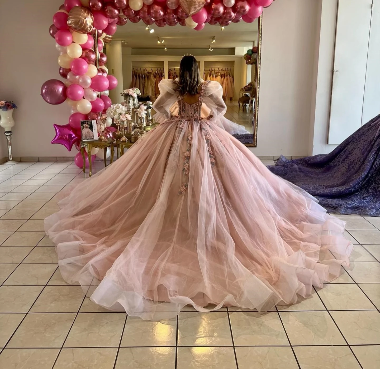 Vestidos Princesa Quinceanera, Apliques de tule, Mangas compridas, Sweet 16 Ball Gown, 15 Años Mexican Ball Gown