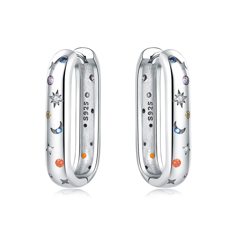 Real 925 Sterling Silver Hoop Earrings Colorful Zircon Bright Starry Sky Earrings Women Engagement Wedding Party Silver Jewelry