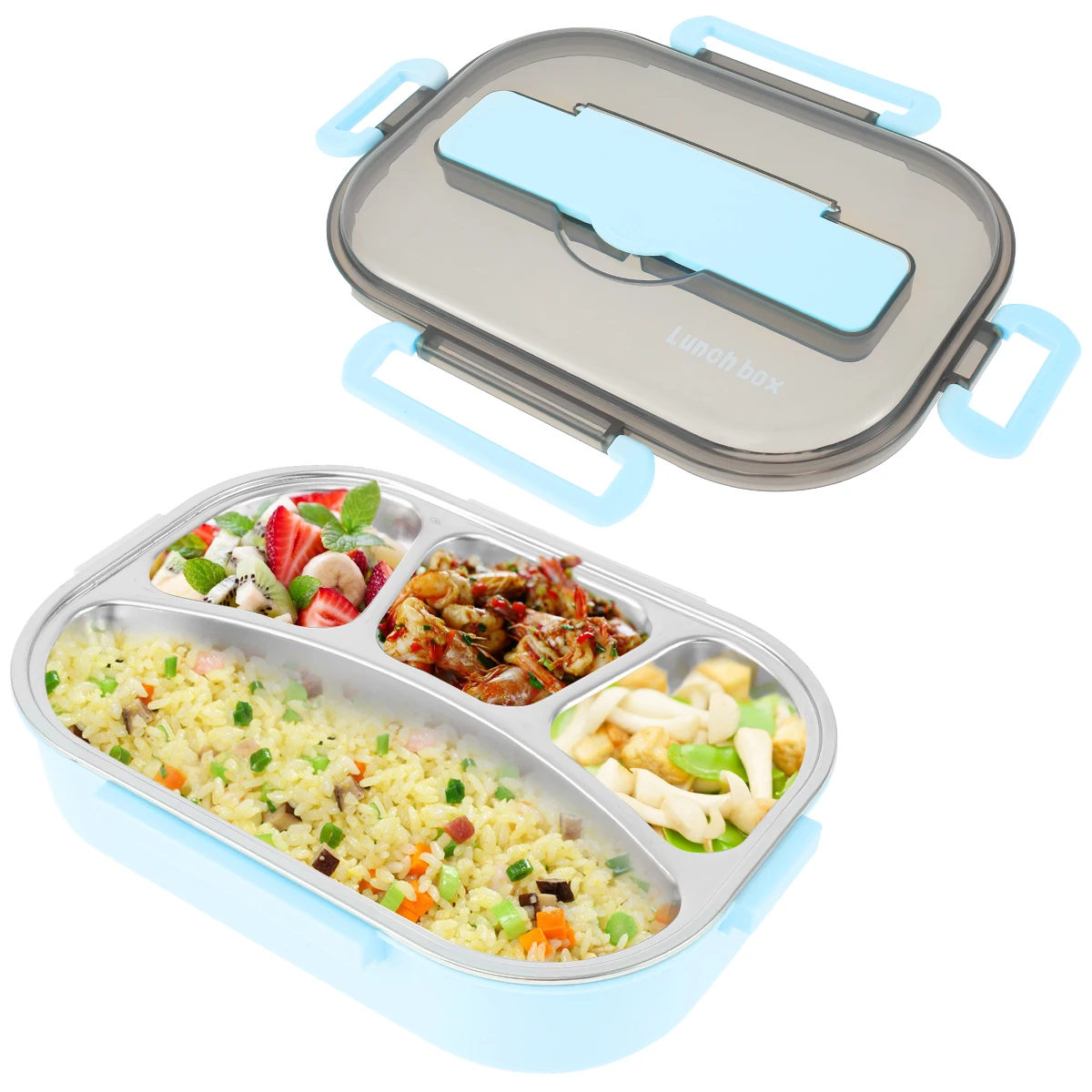 304 Stainless Steel Liner Meal Box for Kid Adult Leak-Proof Meal Box Food Container with 4 Compartments and Cutlery Set