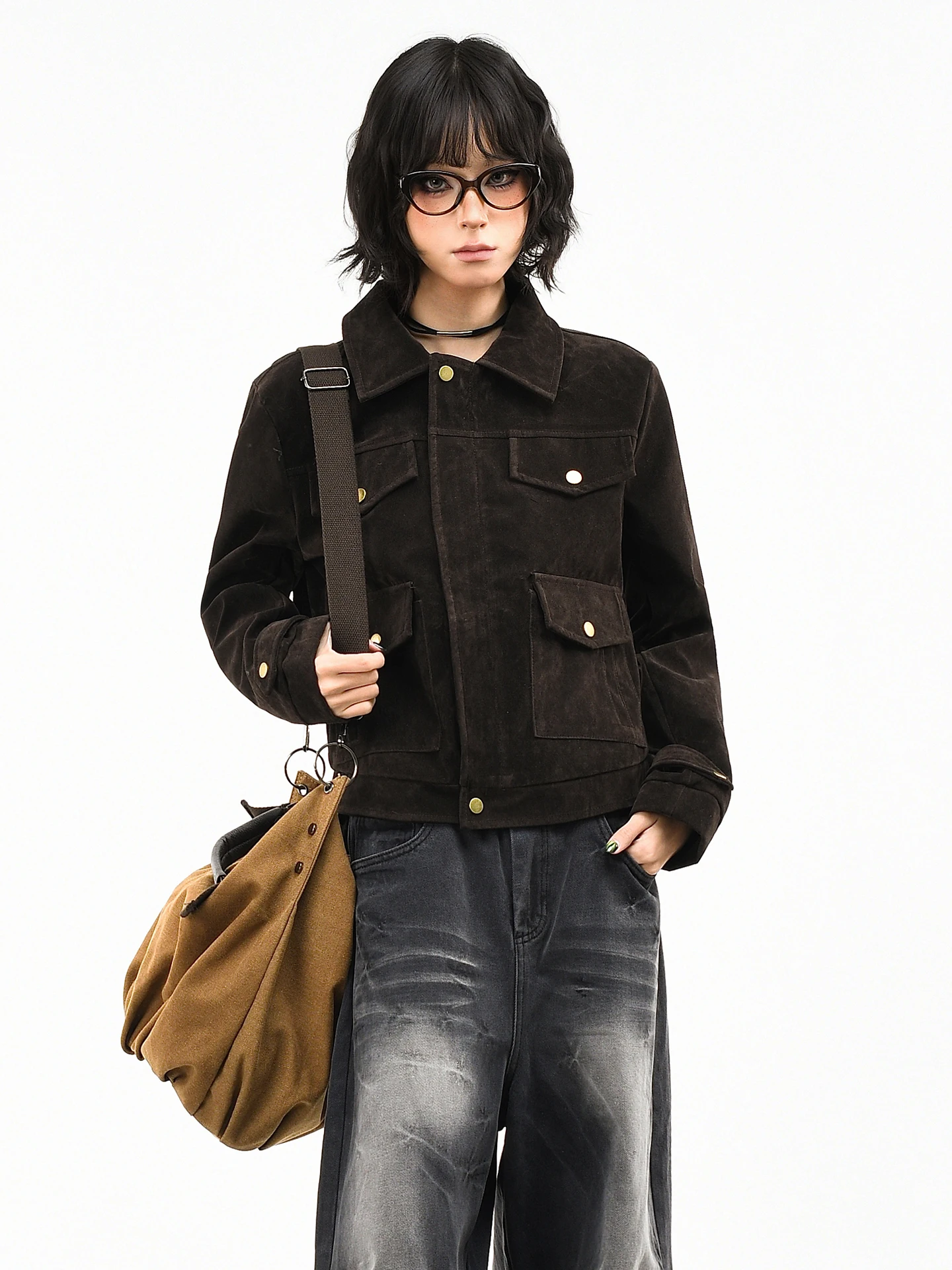 OV オリジナルアメリカンレトロレザーベルベットマルチポケットシャツカラージャケット女性春スリムフィットショートコートトップファッション