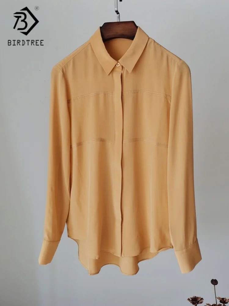 

Birdtree,16MM 100% Mulberry Silk Solid Blouse,Women Polo Neck Full Sleeve Tops,Single Breasted,2025 New Casual Shirt T5D212JF