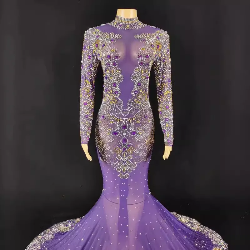 เพชรชุดวันเกิดขายร้อนนักร้องหญิงGorgeous Court Rhinestoneสีม่วงชุดผลกําไรในรอบเต้นรําVestidos De Fiesta De Lujo
