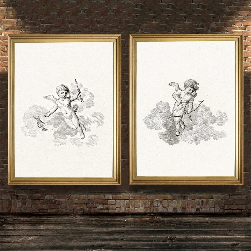 Unframe Vintage Cupid Cherub Design Prints Poster Valentine Angel Antique Canvas Painting Wall Art for Nursery Living Room Home