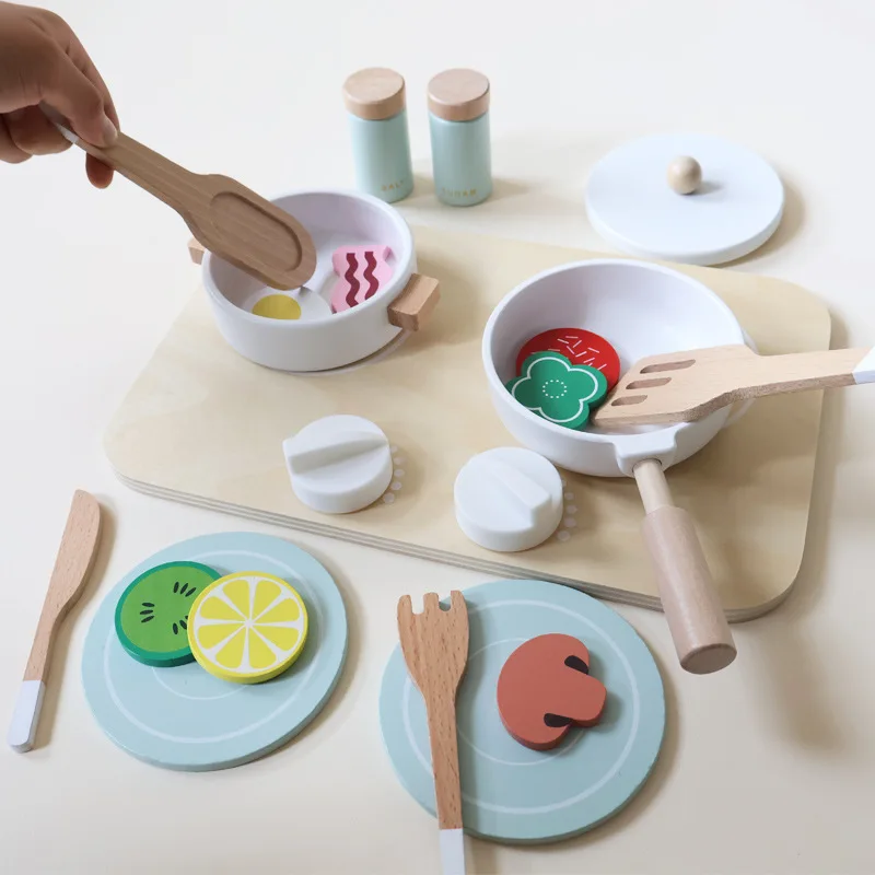 Juego de juguetes de cocina de madera minimalista: ollas/sartenes/cuchillos de cocina para niños pequeños, juego de chef pequeño
