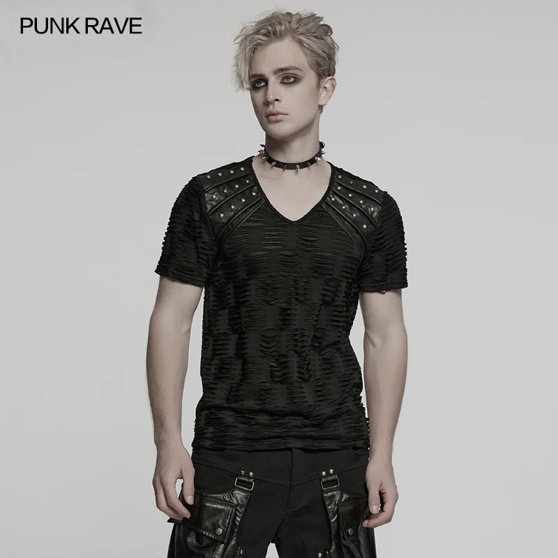

PUNK RAVE Мужская потертая трикотажная красивая футболка в стиле панк с 3D полосками на плечах, хлопковые веревки, уличная одежда, крутые темные топы, футболки