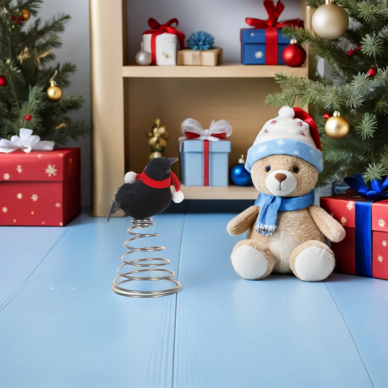 Mini figurka kruka na szczyt choinki, czerwony szalik, metalowy ptak, dekoracje świąteczne, ozdoby na choinkę, ozdoby na szczyt choinki, dekoracje na biurko