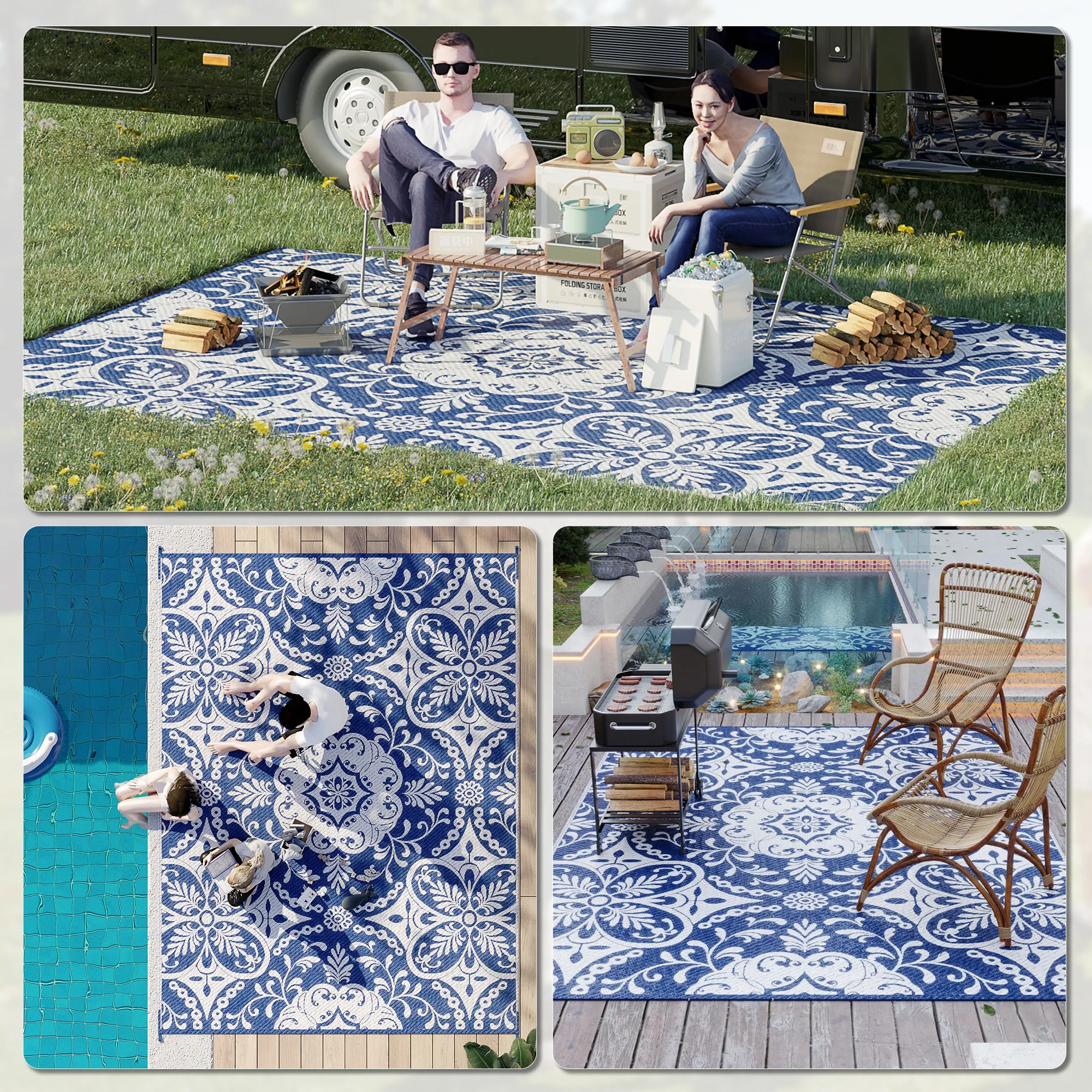 

9x12 Waterproof Reversible Outdoor Rug Blue White Floral Foldable Portable Large Mat Patio Camping Picnic Deck with Carry Bag
