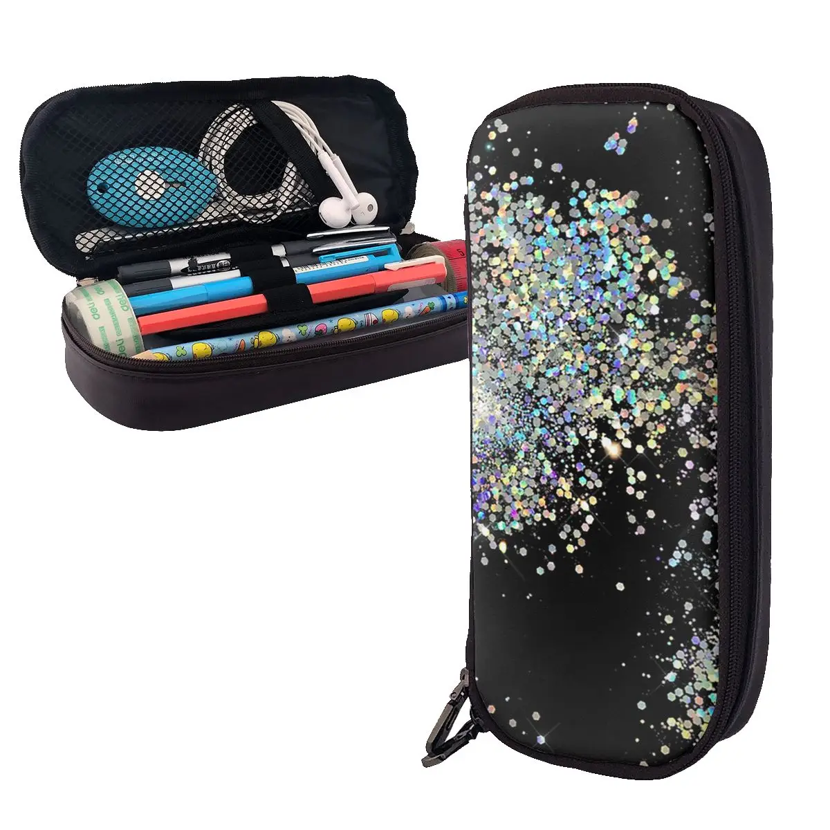 Black And Multicolor Sequins Faux Leather Pencil Cases Pencil Pouch Storage Stationery Supplies Large Storage Pen Box Pencil Bag