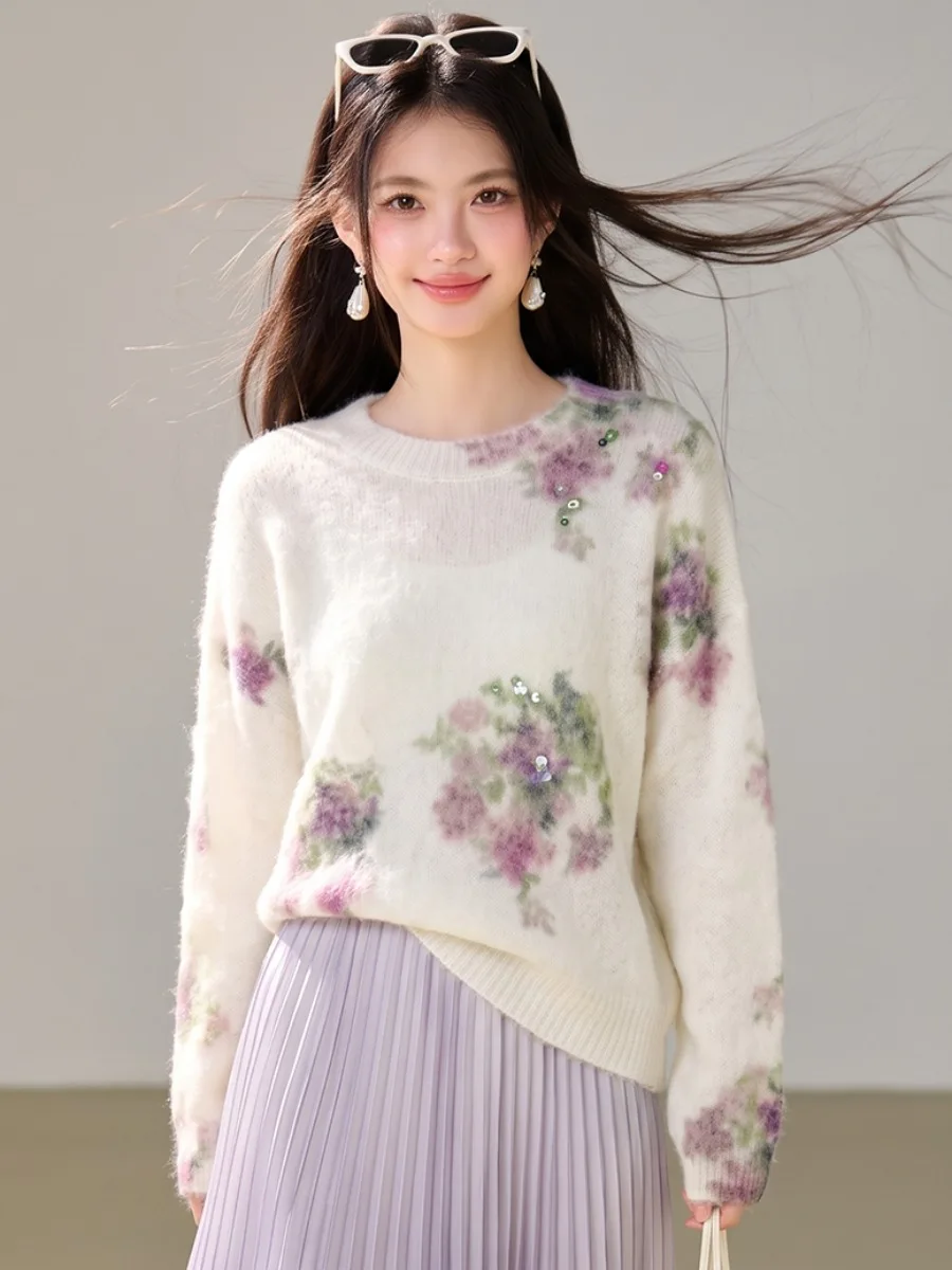 Women's Soft Loose Long Sleeve Knitted round Neck Dyeing Purple Flower Sequins Top Comfortable Lazy Style Gentle Atmosphere S...