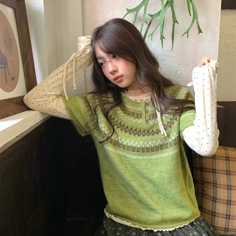 Vintage Print Sweater Vest Women Harajuku Patchwork Knitted Pullovers Waistcoat Japanese Short Sleeve Knitwears Winter Jumpers