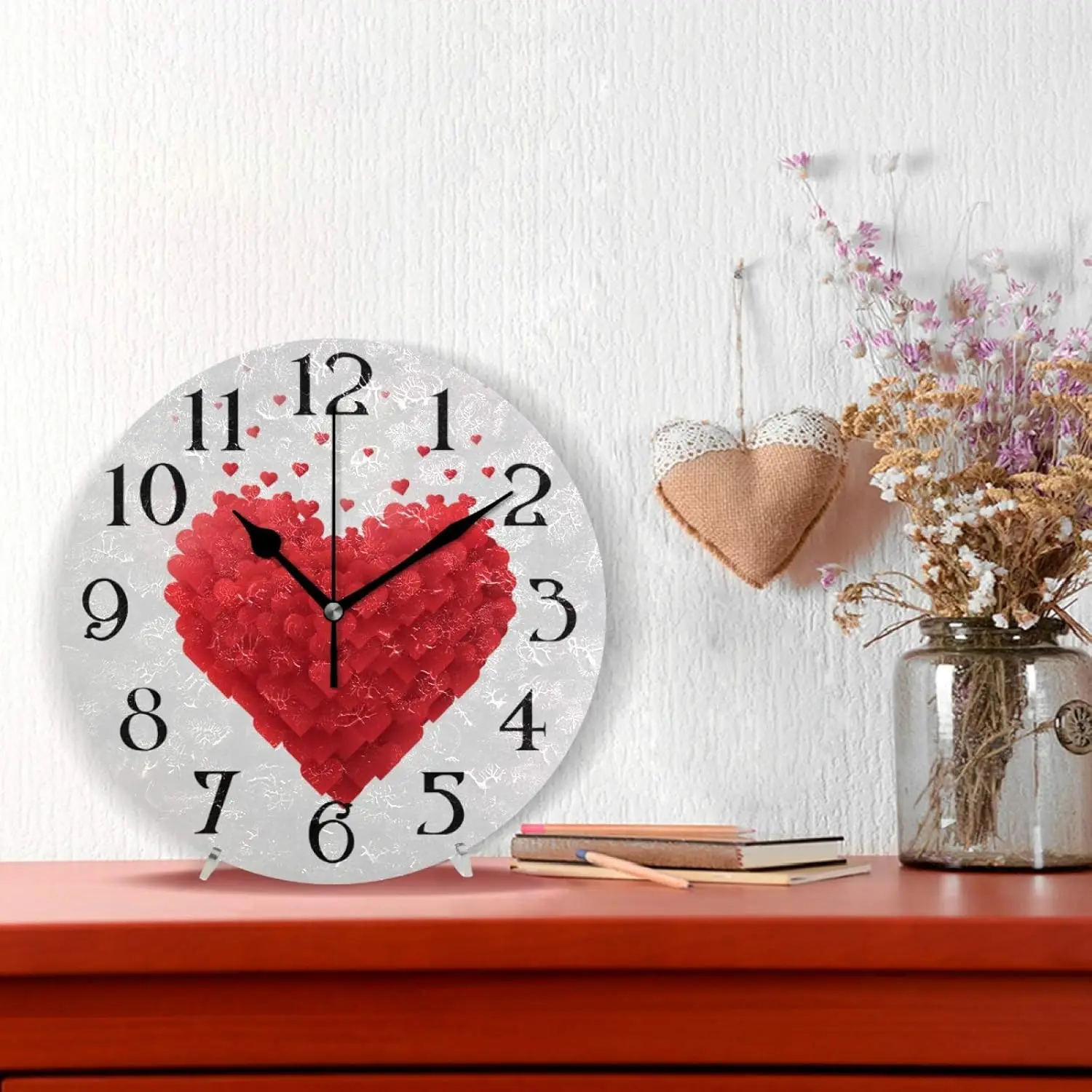 Styrofoam Heart Wall Clock 9.5 Inch Non-Ticking Silent Clocks Red Hearts Round Bathroom Clock Battery Operated Quartz Analog Dec