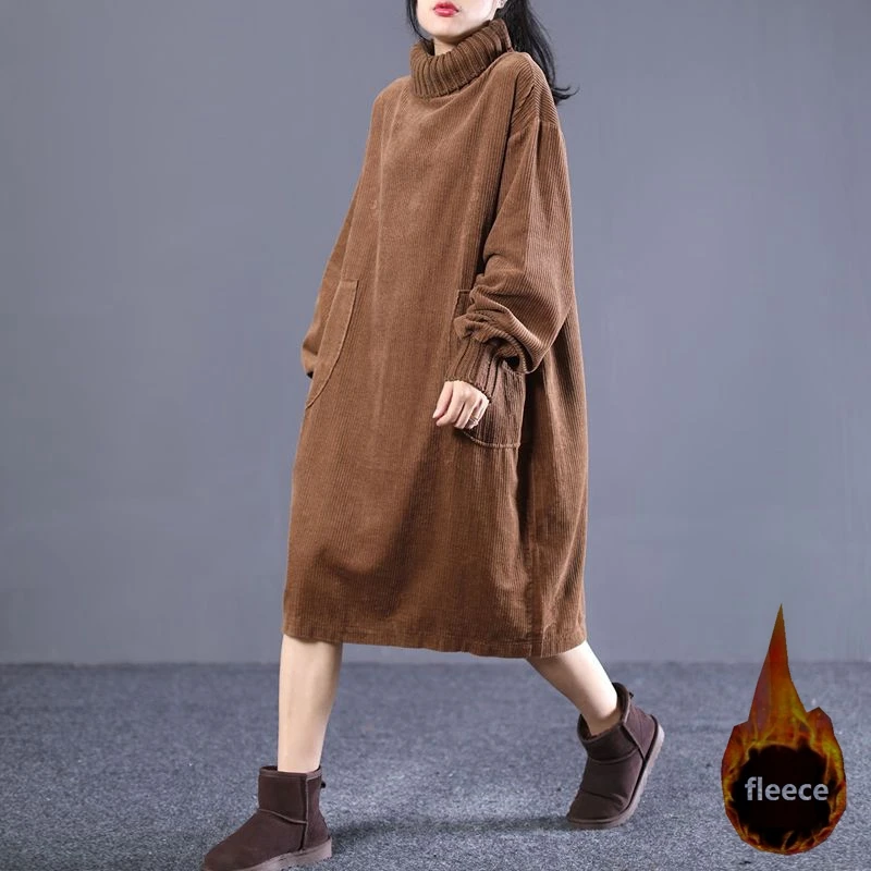 Plus Größe 4XL 120 kg Herbst Winter Fleece Kleid Langarm Rollkragen Einfarbig Kleid Lose Taille Warme Verdicken Kleider