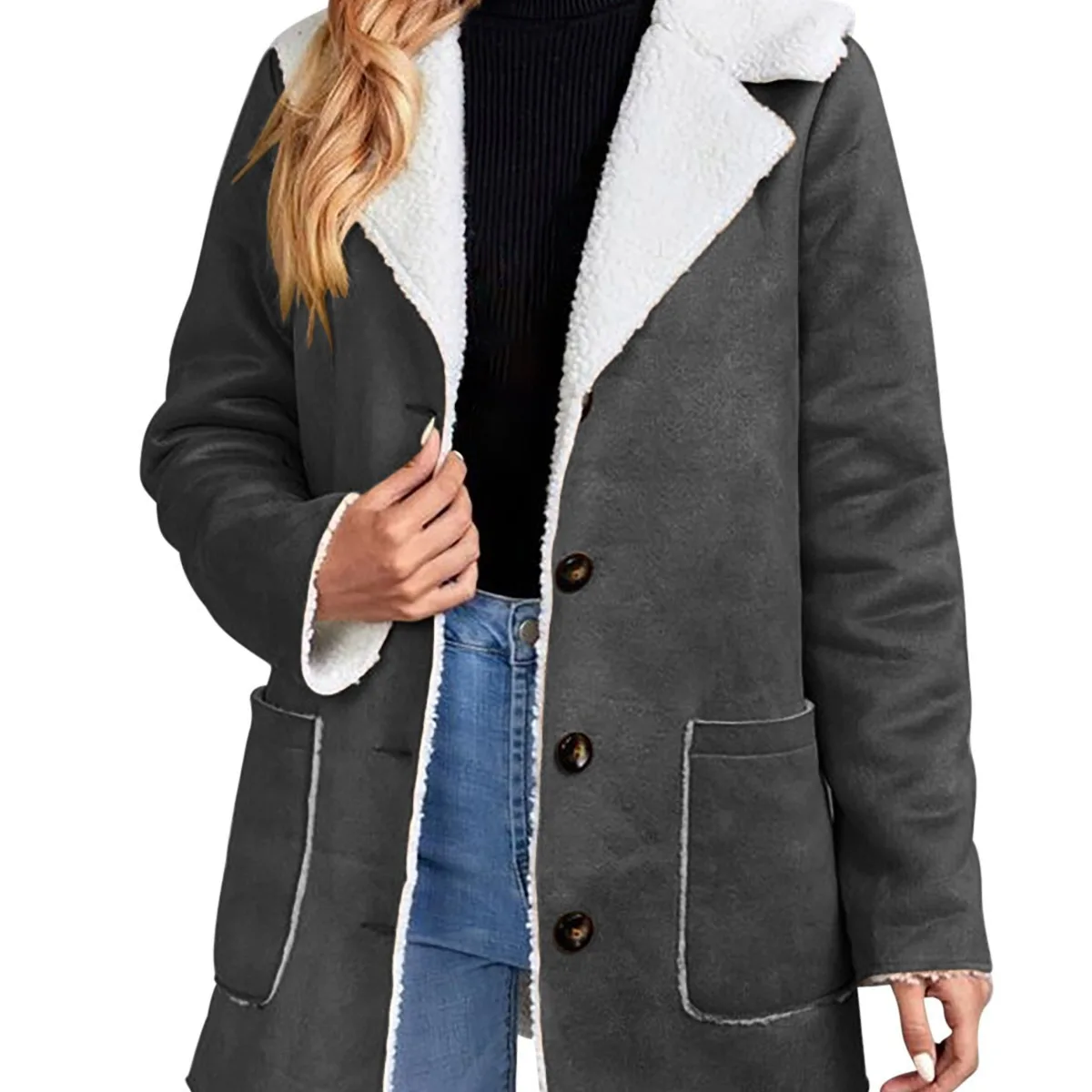 معطف متوسط الطول من جلد الغزال الصناعي الرجعية ، لخريف وشتاء 2025 على الطراز الأوروبي الأمريكي سترة نسائية دافئة واحدة الصدر واسعة التلبيب #1