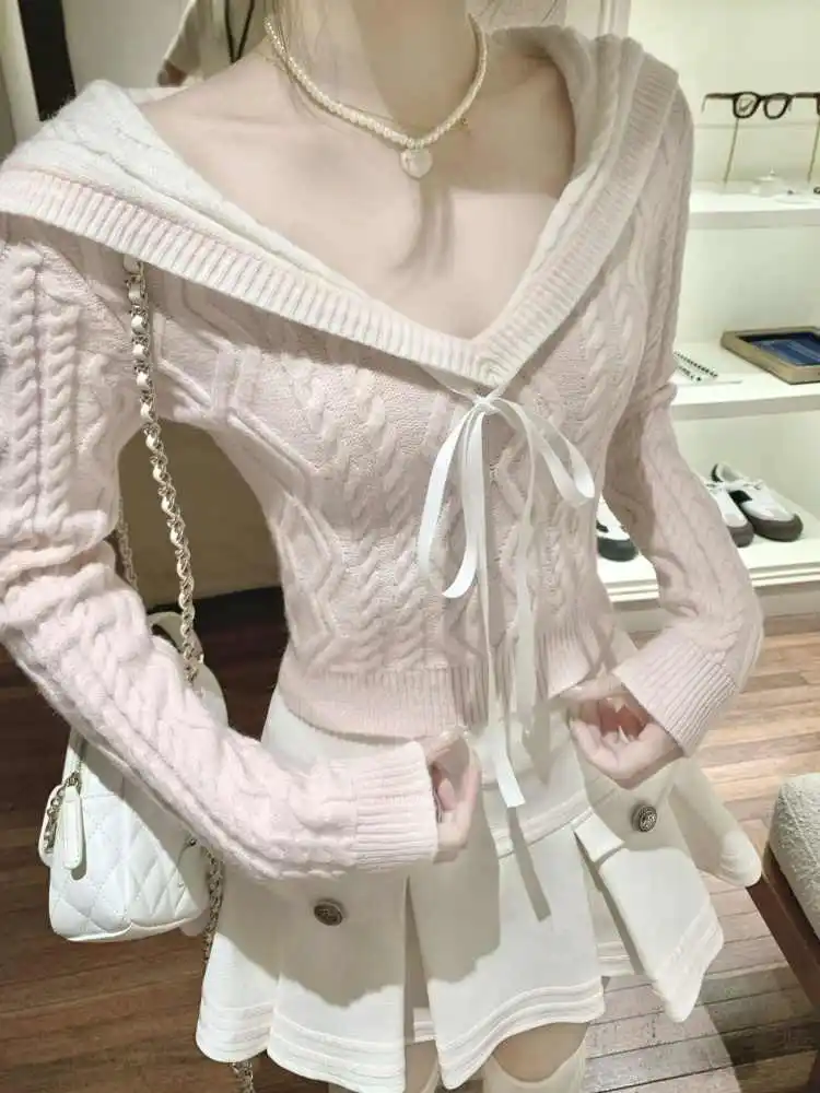 

Модный милый темно-синий тонкий свитер с воротником, женский винтажный кавайный новый трикотаж в консервативном стиле с длинными рукавами, милый узкий пуловер